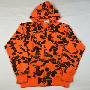 VTG 90's Bassett-Walker Hoodie Sz M Neon Orange Camo Style Hunting Waffle Lined